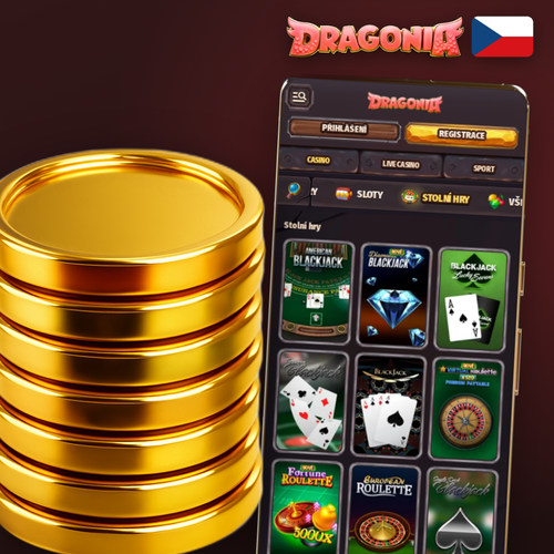Dragonia Casino aplikace na smartphonu s rulety a slotovými ikonami na tmavém pozadí