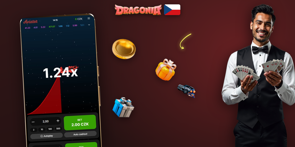 Herní obrazovka Aviator v Dragonia Casino s rostoucí křivkou a tlačítky sázek