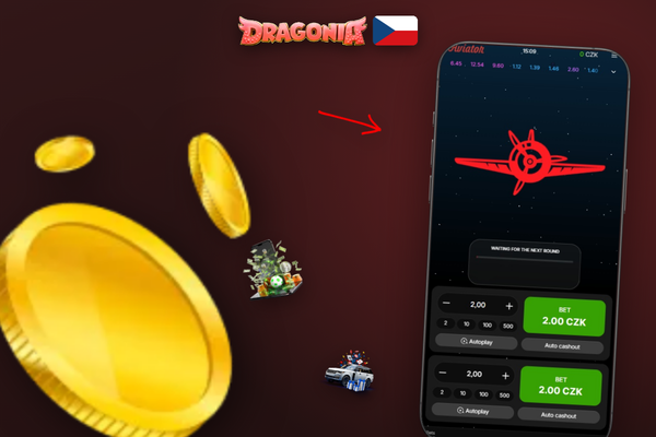 Boční panel Aviator v Dragonia Casino s historií kol a barevnými štítky multiplikátorů