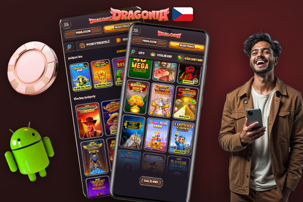 Hlavní menu mobilní aplikace Dragonia Casino s kategoriemi her a uvítacím bonusem