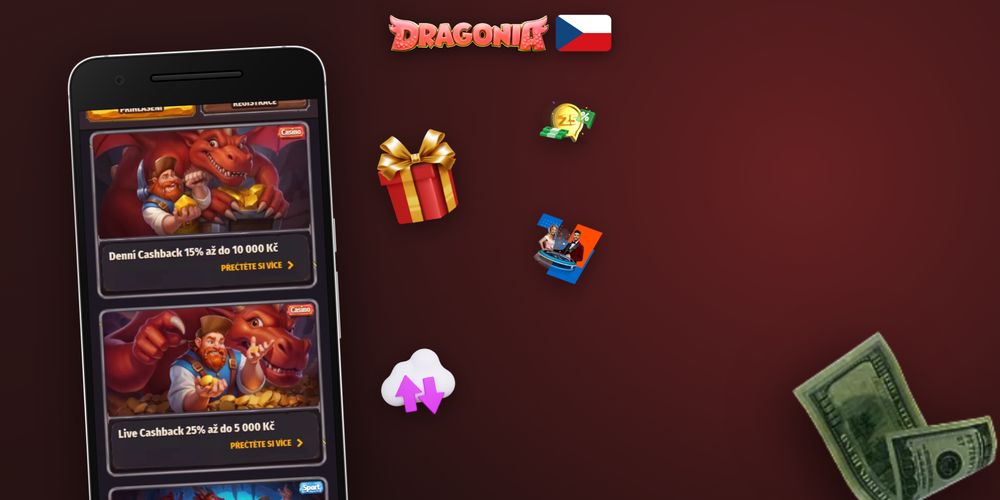 Dragonia Casino promo rozhraní se zvýrazněným bonusovým oknem a dračím logem