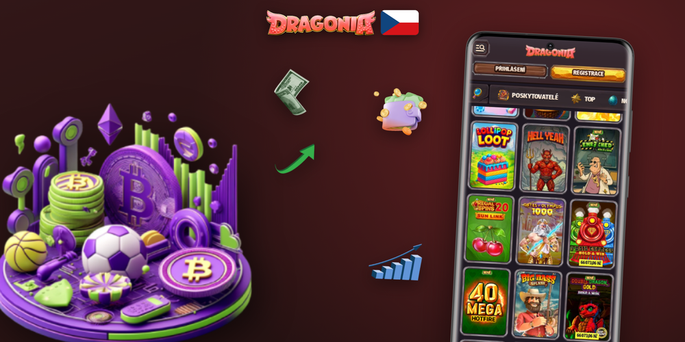 Tři smartphony s aplikací Dragonia Casino zobrazující sloty, live kasino a sportovní sázky